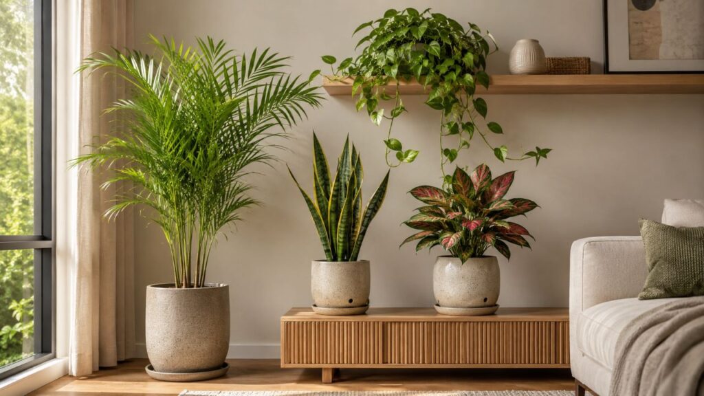 A variação de alturas e formatos cria uma decoração equilibrada