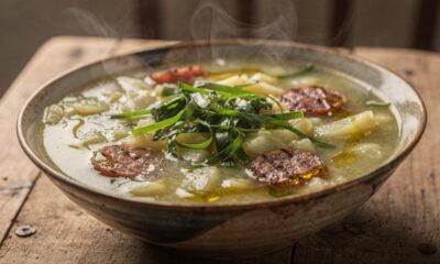 Uma tigela rústica de caldo fumegante com linguiça, batata e cheiro-verde em mesa de madeira.