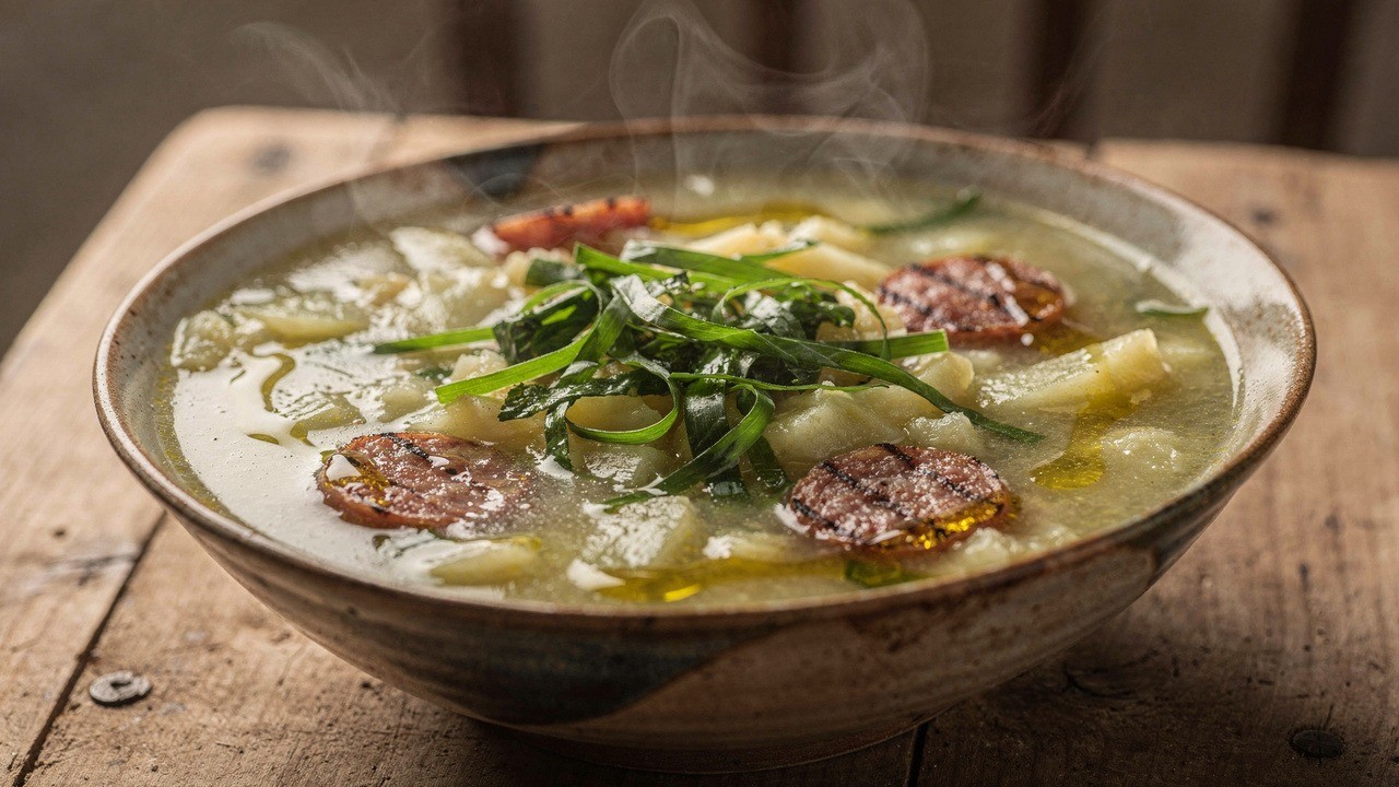 Uma tigela rústica de caldo fumegante com linguiça, batata e cheiro-verde em mesa de madeira.