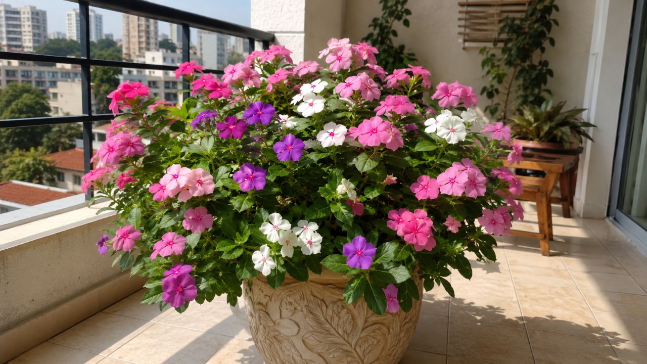 Vinca é uma planta resistente ao sol que deixa varandas floridas com pouca manutenção