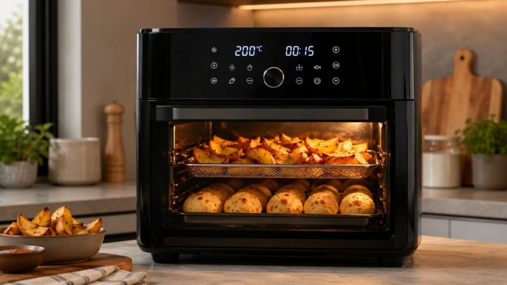 Forno air fryer combina funções de air fryer, forno elétrico e desidratador em um único aparelho