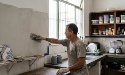 Homem com luvas aplica massa em parede cinza da cozinha, com azulejos antigos na bancada.