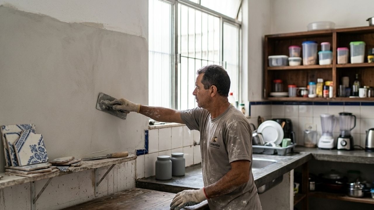 Homem com luvas aplica massa em parede cinza da cozinha, com azulejos antigos na bancada.