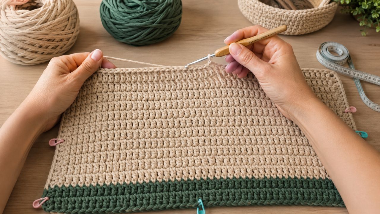 Tapete retangular simples combina produção rápida, baixo consumo de barbante e bom potencial de venda