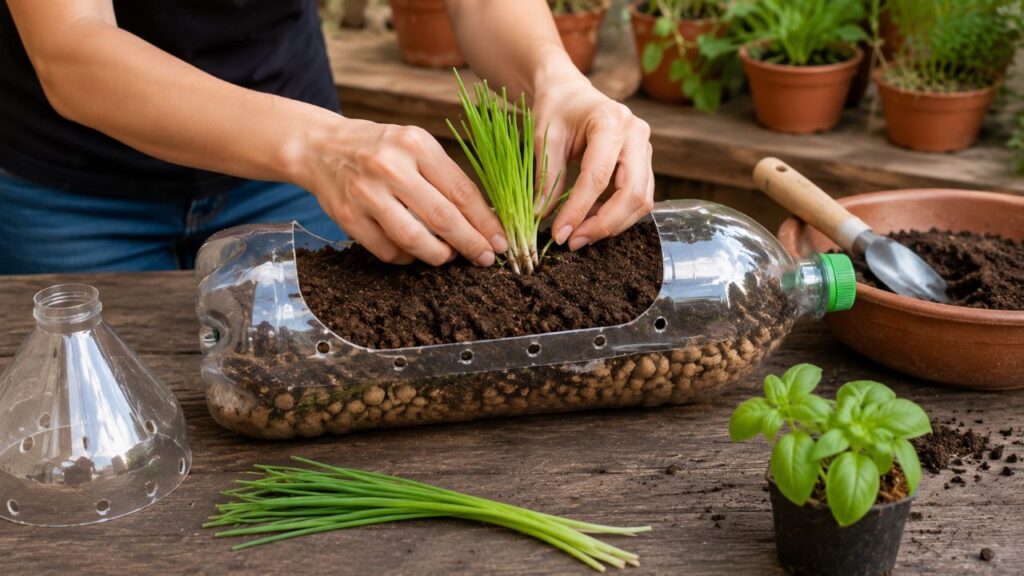 Garrafa cortada, drenagem e substrato para plantar temperos