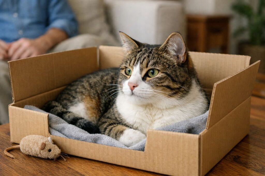 As laterais da caixa ajudam o gato a se sentir protegido e no controle
