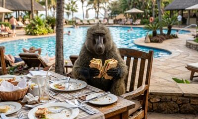 Babuíno gigante pega lanches de casal distraído com celulares em resort