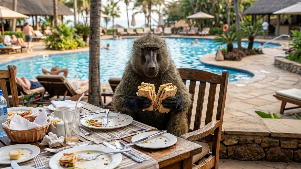 Babuíno gigante pega lanches de casal distraído com celulares em resort