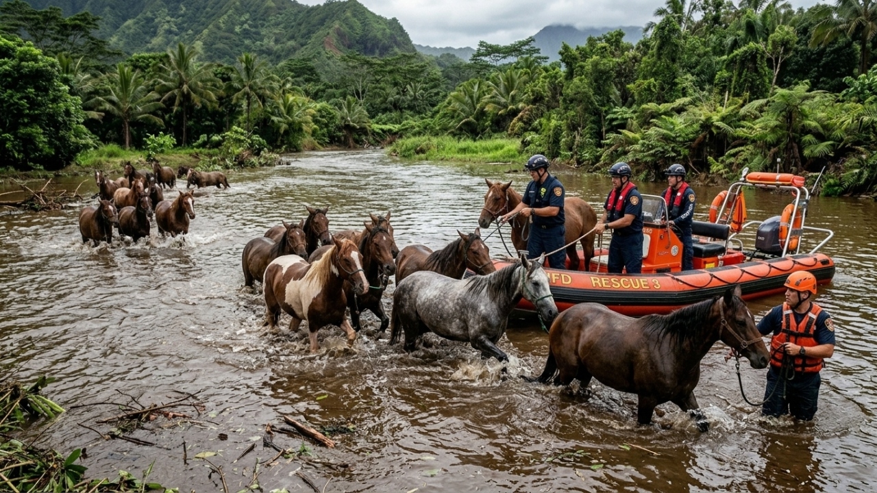 Quinze cavalos são resgatados em meio à enchente no Havaí