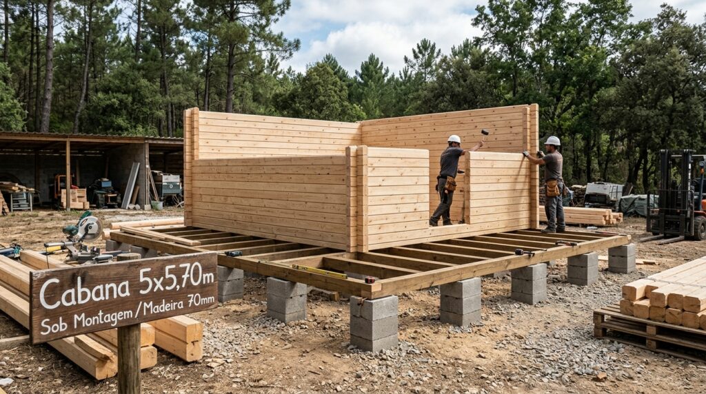 Como construir uma cabana de madeira desmontável de 5x5,70 metros com toras de madeira aplainadas de 70mm reutilizadas