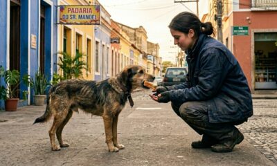 Cachorro abandonado comove ao oferecer pedaço de pão aos socorristas