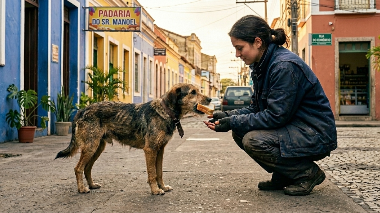 Cachorro abandonado comove ao oferecer pedaço de pão aos socorristas