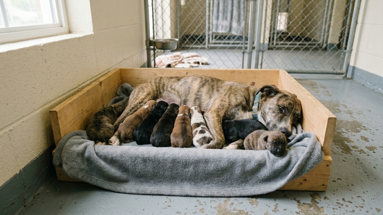 Cadela de abrigo dá à luz uma ninhada gigantesca e encanta como mãe