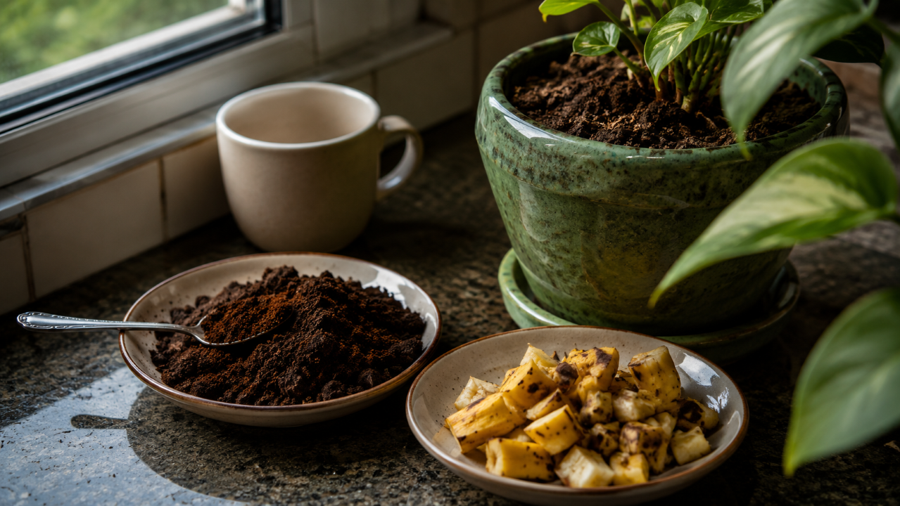 Misturar café usado com casca de banana pode transformar restos da cozinha em força para o jardim