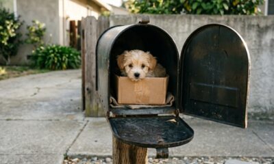 Cachorrinho é encontrado em um pacote dentro de uma caixa de correio