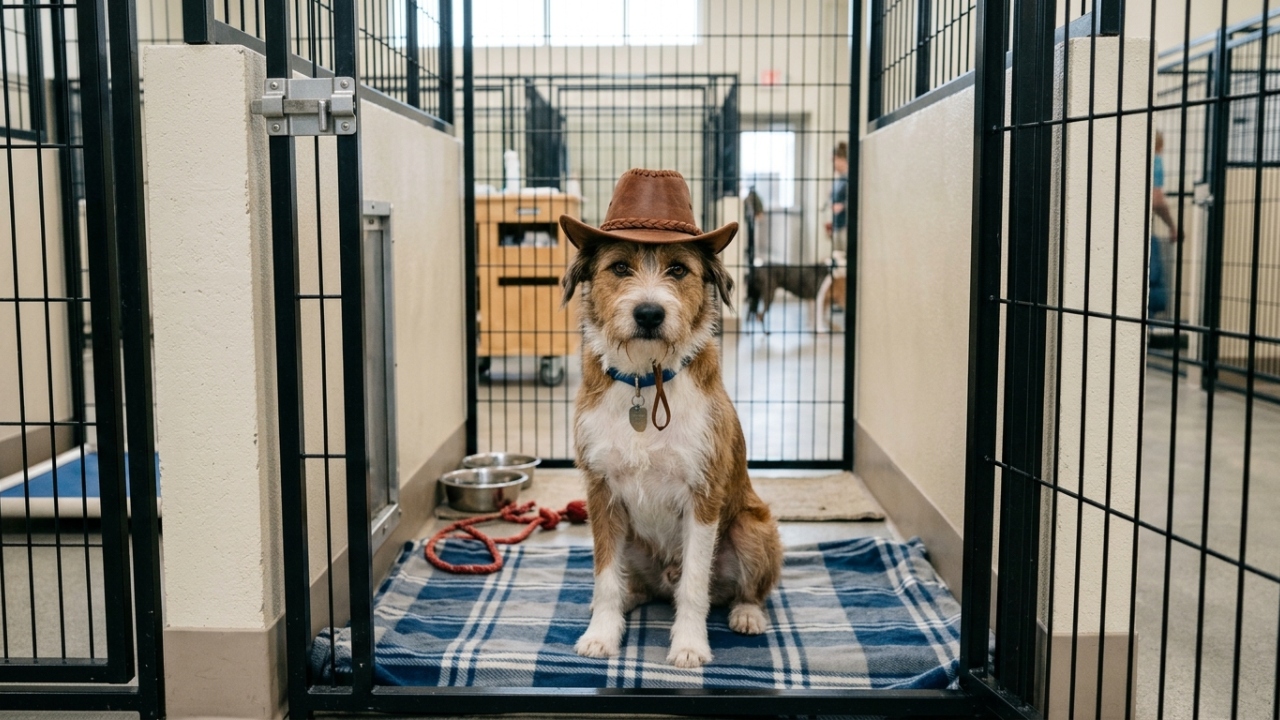 Cão de abrigo usa chapéu de caubói para esperar nova família