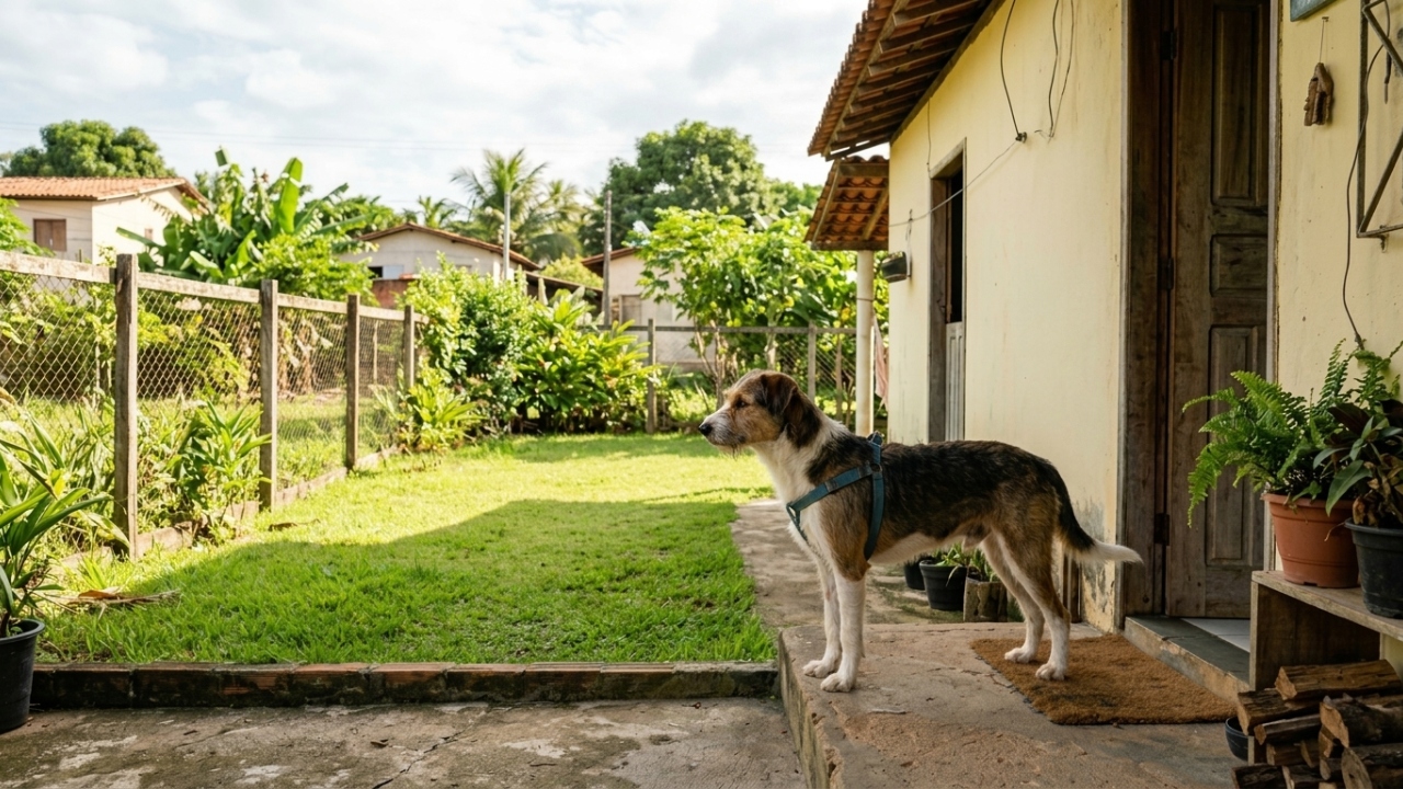 Uncle, o cão resgatado, perdeu o medo da nova casa quando descobriu o quintal