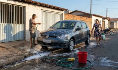 Homem lava o carro na rua e deixa o veículo parado no local, mas regra de trânsito acaba gerando multa e reclamações