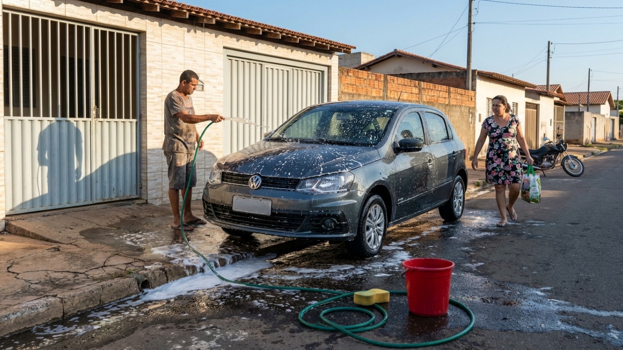 Homem lava o carro na rua e deixa o veículo parado no local, mas regra de trânsito acaba gerando multa e reclamações