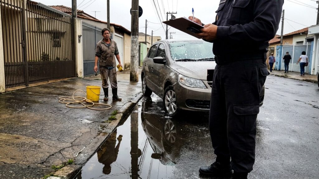 Homem lava o carro na rua e deixa o veículo parado no local, mas regra de trânsito acaba gerando multa e reclamações