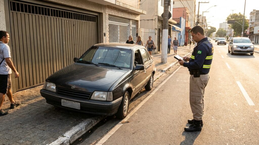 Morador estaciona em frente à própria garagem e é multado em R$ 130,16, com 4 pontos na CNH e quase tem carro guinchado