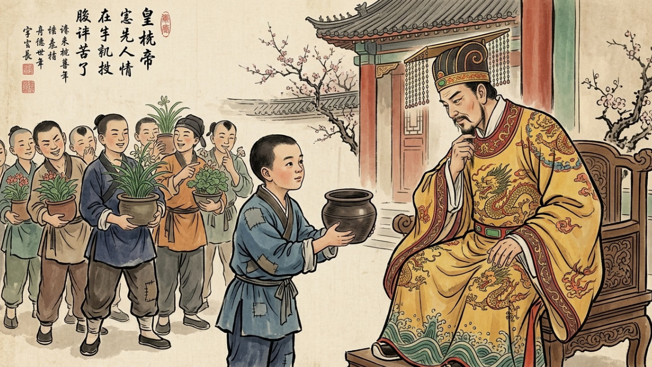 Provérbio chinês do menino, do vaso vazio e do rei: "A paciência é uma árvore de raízes amargas, mas cujos frutos são muito doces..." sobre paciência e honestidade