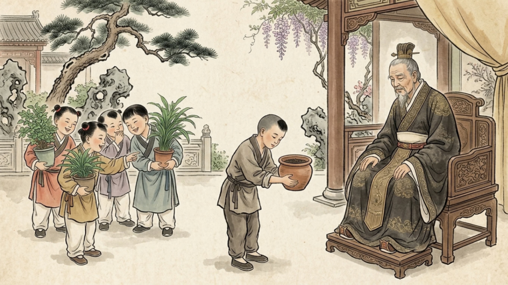 Provérbio chinês do menino, do vaso vazio e do rei: "A paciência é uma árvore de raízes amargas, mas cujos frutos são muito doces..." sobre paciência e honestidade