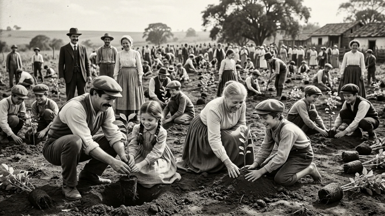 Em 1902, cerca de 500 crianças plantaram 242 mudas no interior de São Paulo iniciando o primeiro ato ecológico da América Latina, inspirando o Dia da Árvore no Brasil e transformando Araras em seu símbolo nacional