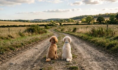 Dois poodles abandonados no meio da estrada aguardam família que não voltou