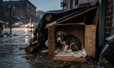 Filhote tremendo de frio é achado em caixa de papelão durante tempestade