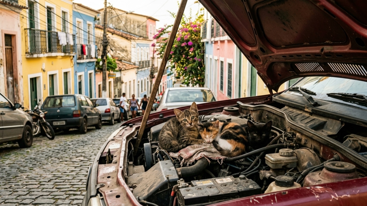 Filhotes de gatinho são encontrados no capô de carro antigo entre folhas
