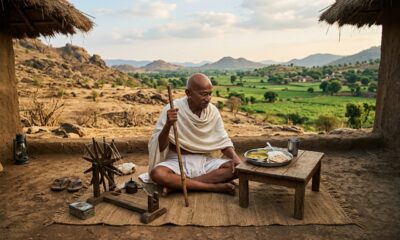 Mesa dividida entre um prato simples suficiente para uma pessoa e uma pilha de alimentos desperdiçados do outro lado, com globo terrestre pequeno ao centro, cena realista mostrando consumo consciente, desigualdade e limites dos recursos da Terra.