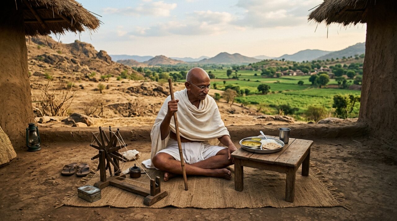Mesa dividida entre um prato simples suficiente para uma pessoa e uma pilha de alimentos desperdiçados do outro lado, com globo terrestre pequeno ao centro, cena realista mostrando consumo consciente, desigualdade e limites dos recursos da Terra.