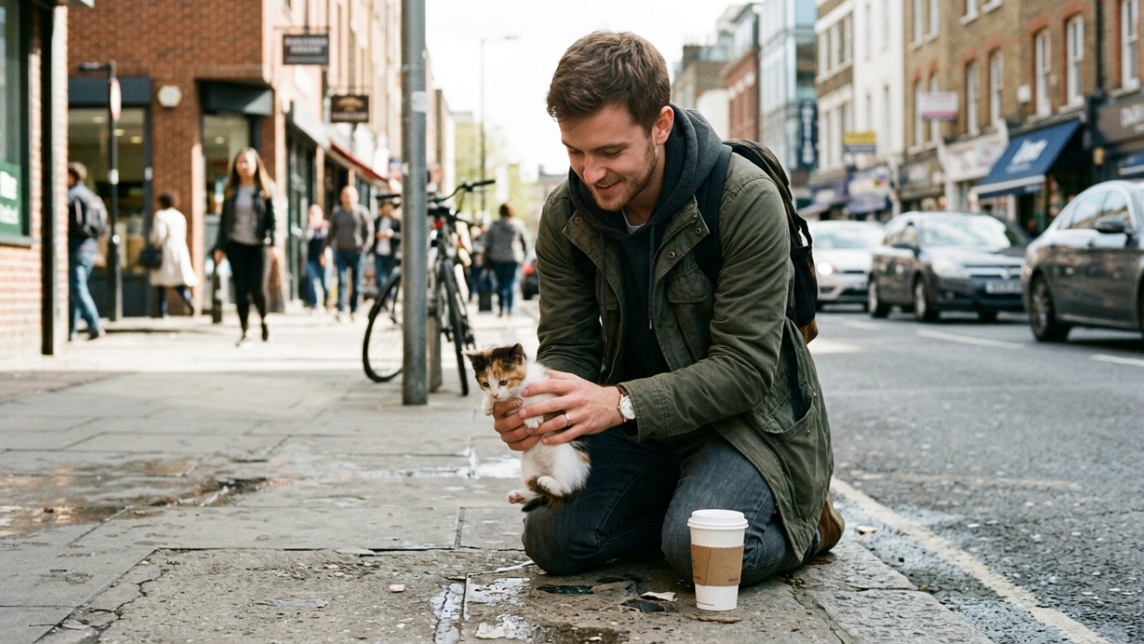 Homem salva gatinho vulnerável com copo do Starbucks