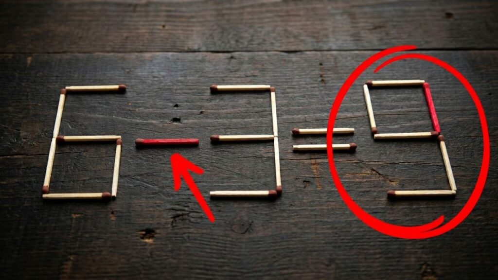 Desafio dos palitos: corrija a equação 6-3=9 movendo apenas um palito