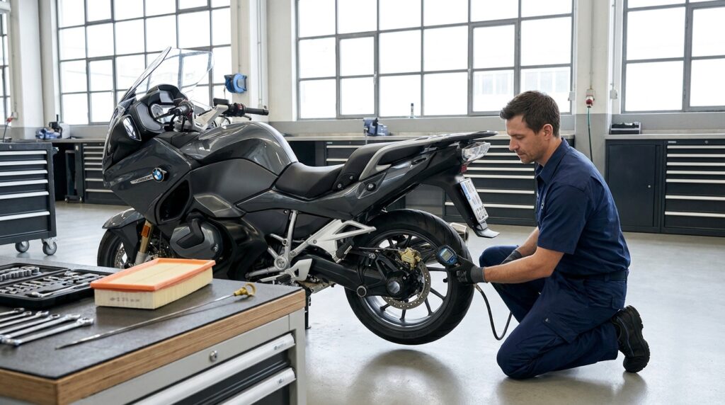 Motocicleta em uma oficina limpa com o mecânico verificando a calibragem dos pneus, filtro de ar e óleo do motor, destacando a manutenção preventiva