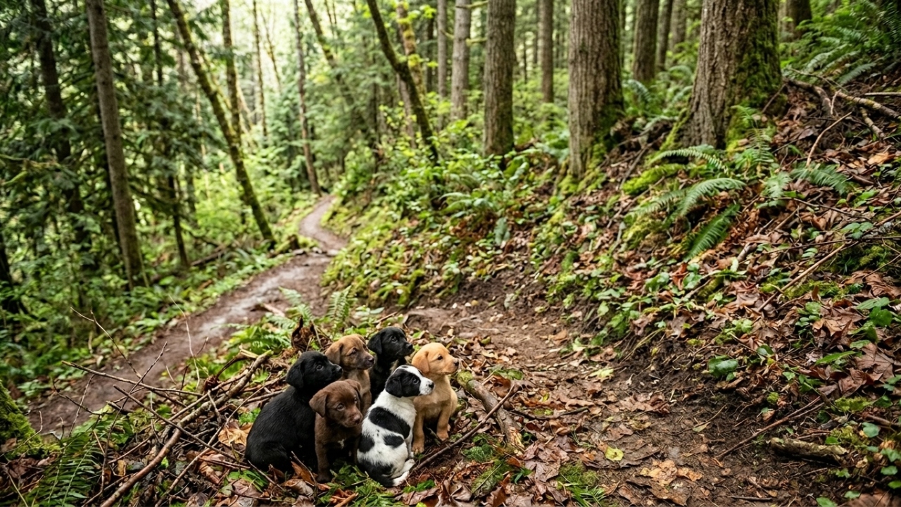 5 cachorrinhos são encontrados na floresta após mulher ouvir choros no caminho para o trabalho