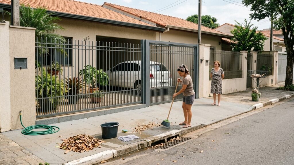 Vizinha lava a calçada como de costume, mas atitude simples acaba virando conflito após reclamações de vizinhos