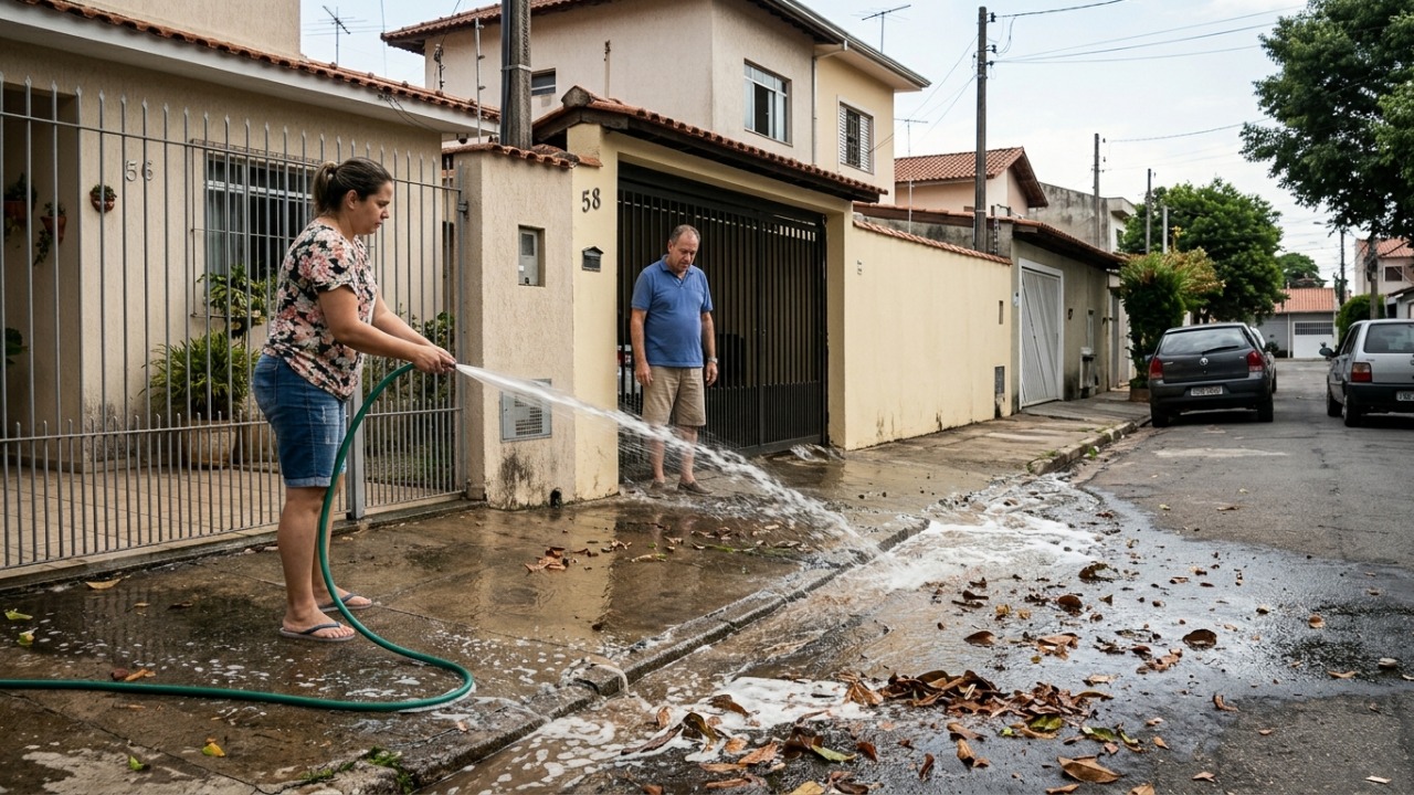 Vizinha lava a calçada como de costume, mas atitude simples acaba virando conflito após reclamações de vizinhos
