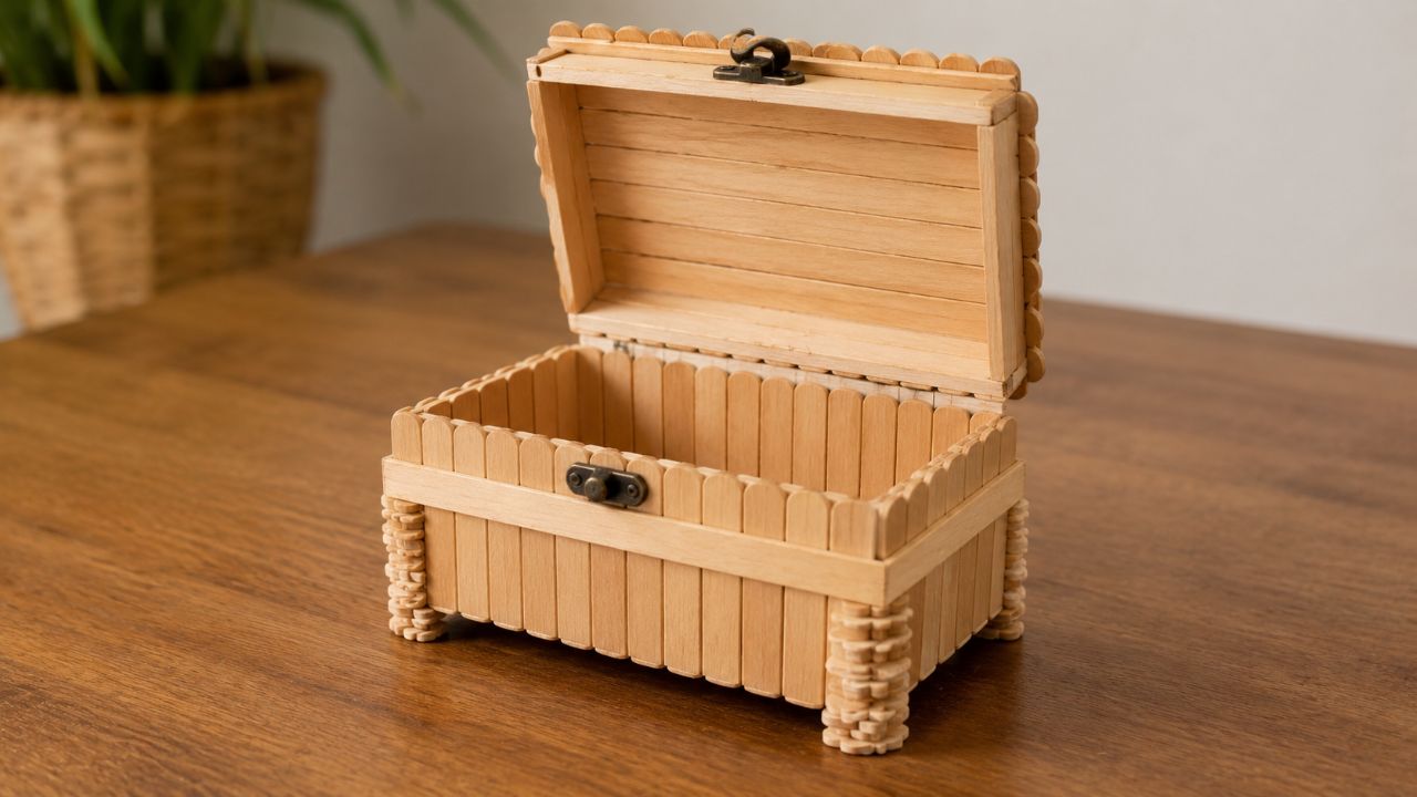Passo a passo simples para criar um mini baú de palito de picolé que é um charme