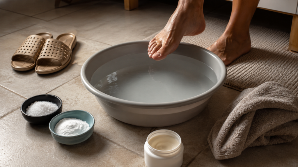 Pés cansados no fim do dia? O banho com sal e bicarbonato pode virar seu ritual simples de pausa