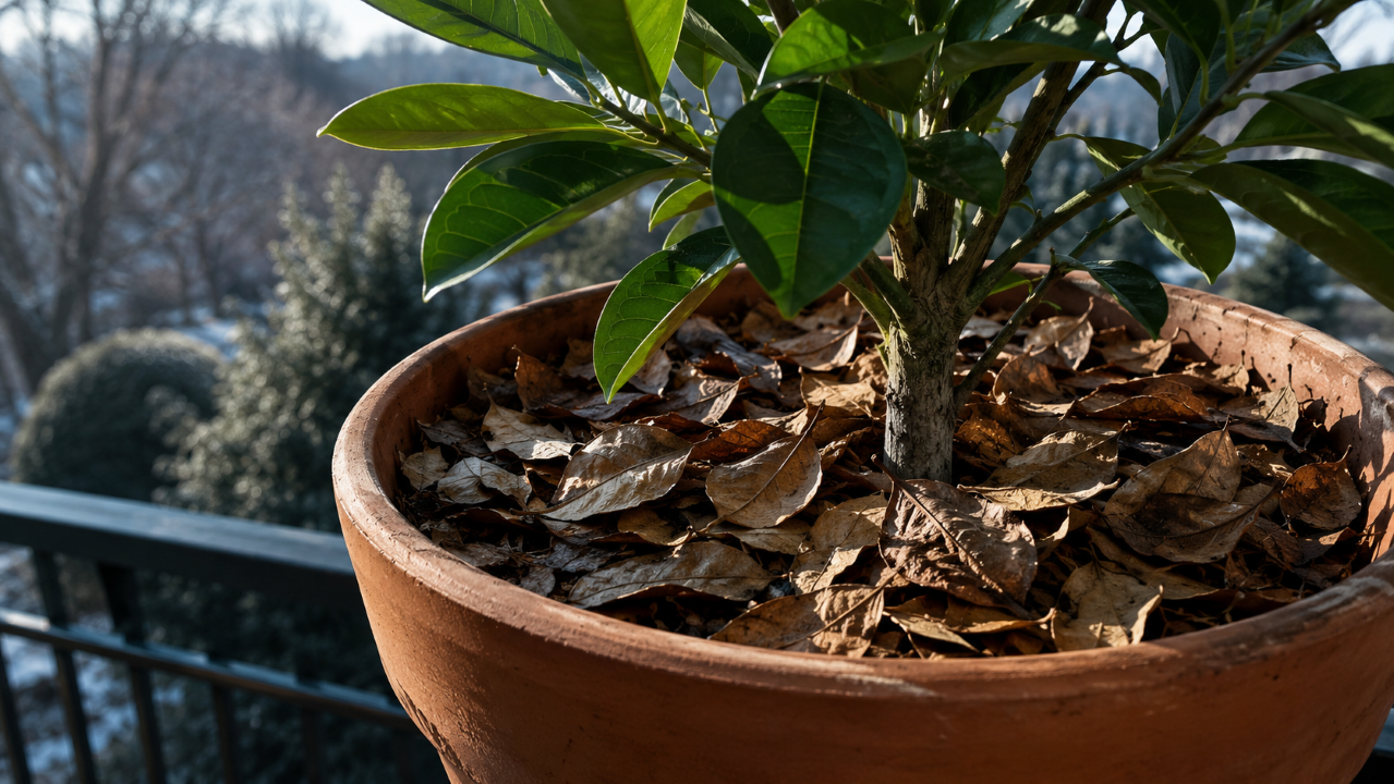 Cobrir a terra do vaso com folhas secas no inverno parece simples, mas pode salvar suas plantas do frio