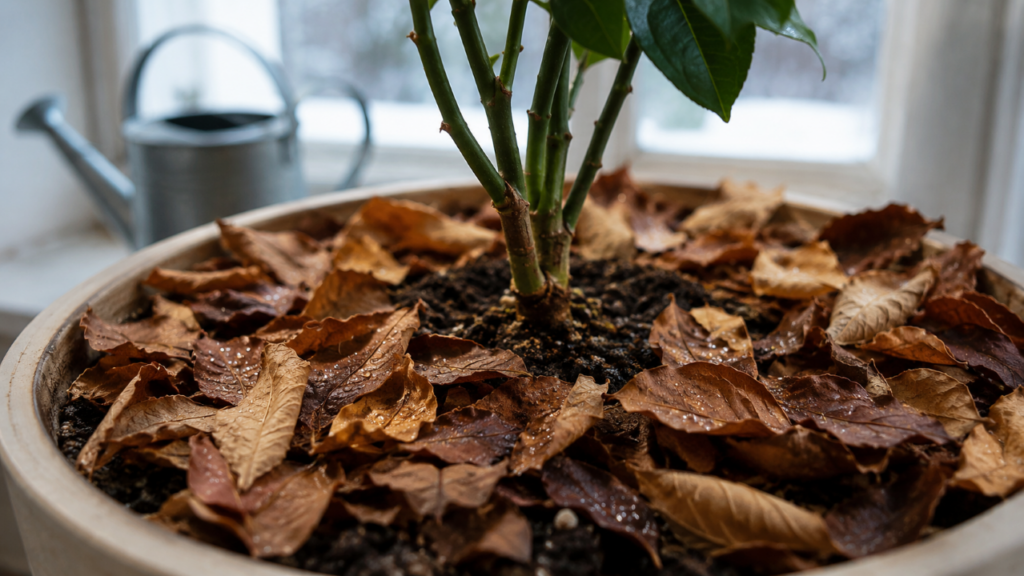 Cobrir a terra do vaso com folhas secas no inverno parece simples, mas pode salvar suas plantas do frio