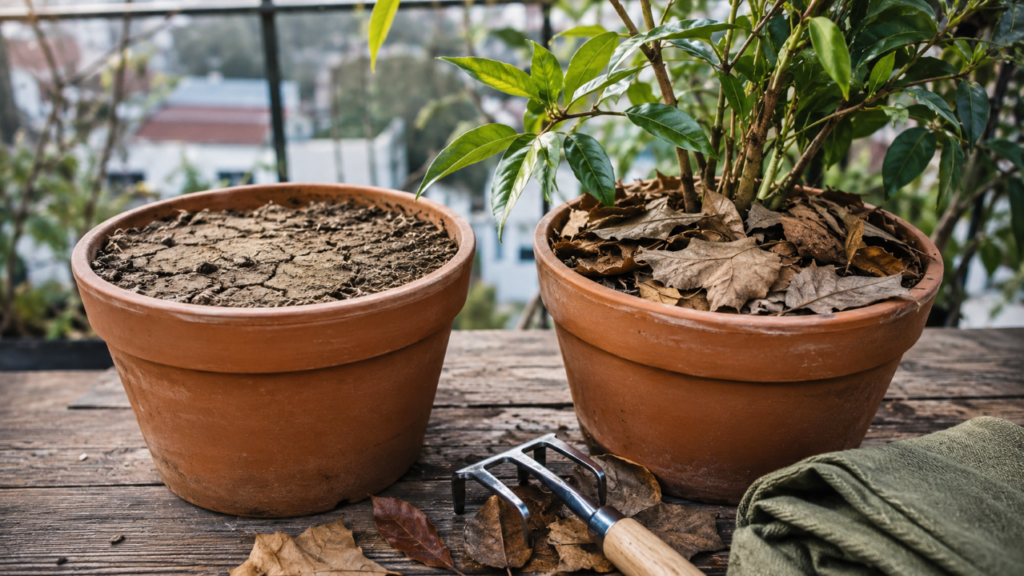 Cobrir a terra do vaso com folhas secas no inverno parece simples, mas pode salvar suas plantas do frio