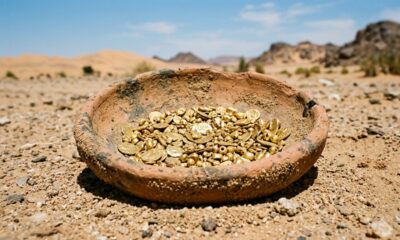 Mais de 100 decorações de ouro em um prato de barro. Um misterioso tesouro do deserto