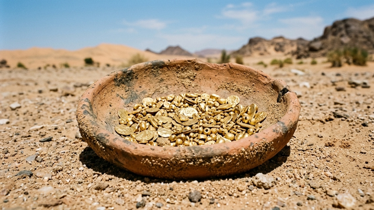 Mais de 100 decorações de ouro em um prato de barro. Um misterioso tesouro do deserto