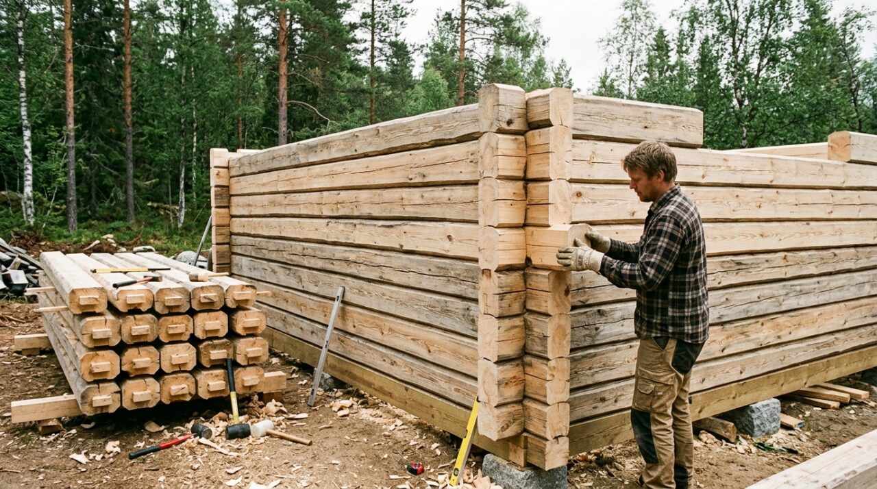 Como construir uma cabana de madeira desmontável de 5x5,70 metros com toras de madeira aplainadas de 70mm reutilizadas