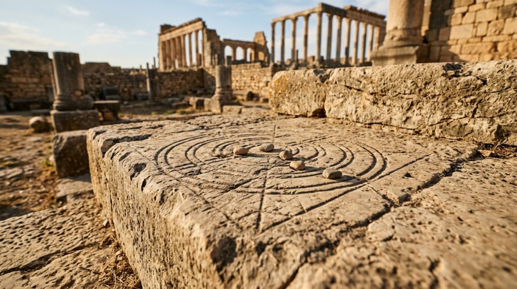Tabuleiro de jogo esculpido em pedra é descoberto nas ruínas de Volubilis, no Marrocos