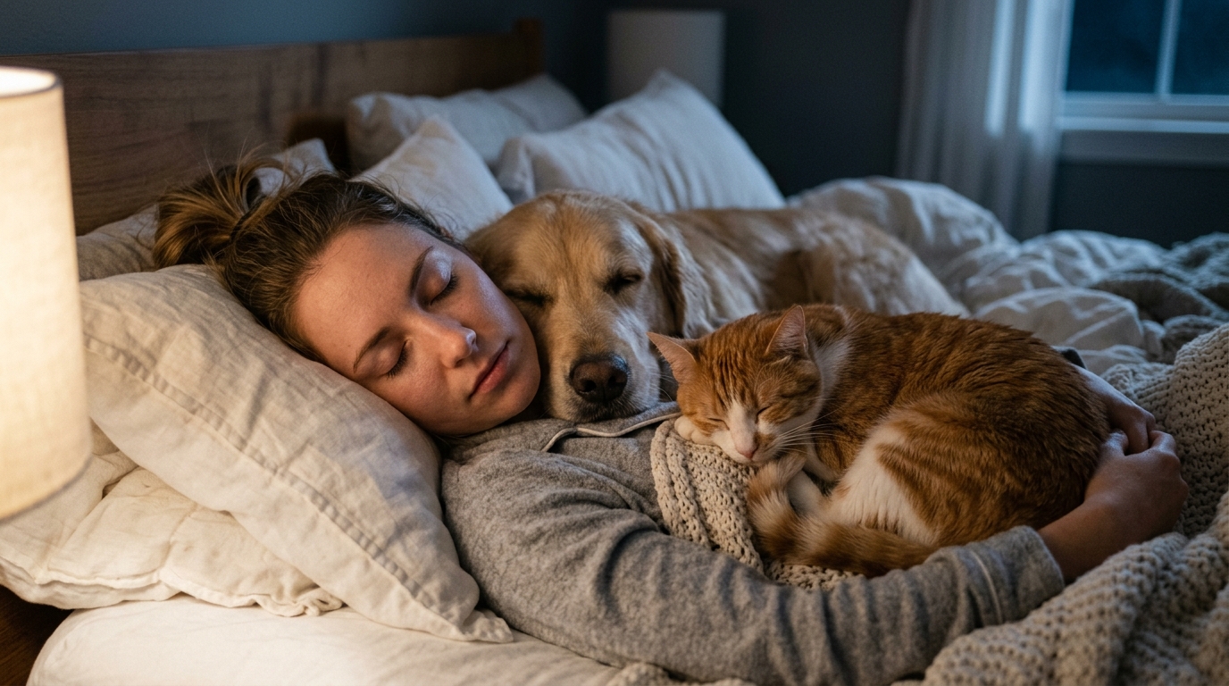 Psicologia revela o benefício emocional compartilhado por pessoas que dormem com seus animais de estimação