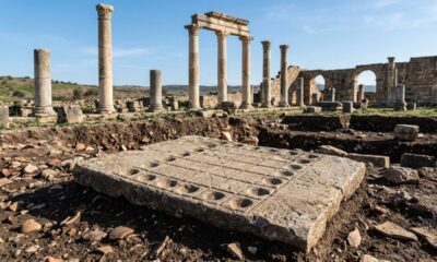 Tabuleiro de jogo esculpido em pedra é descoberto nas ruínas de Volubilis, no Marrocos